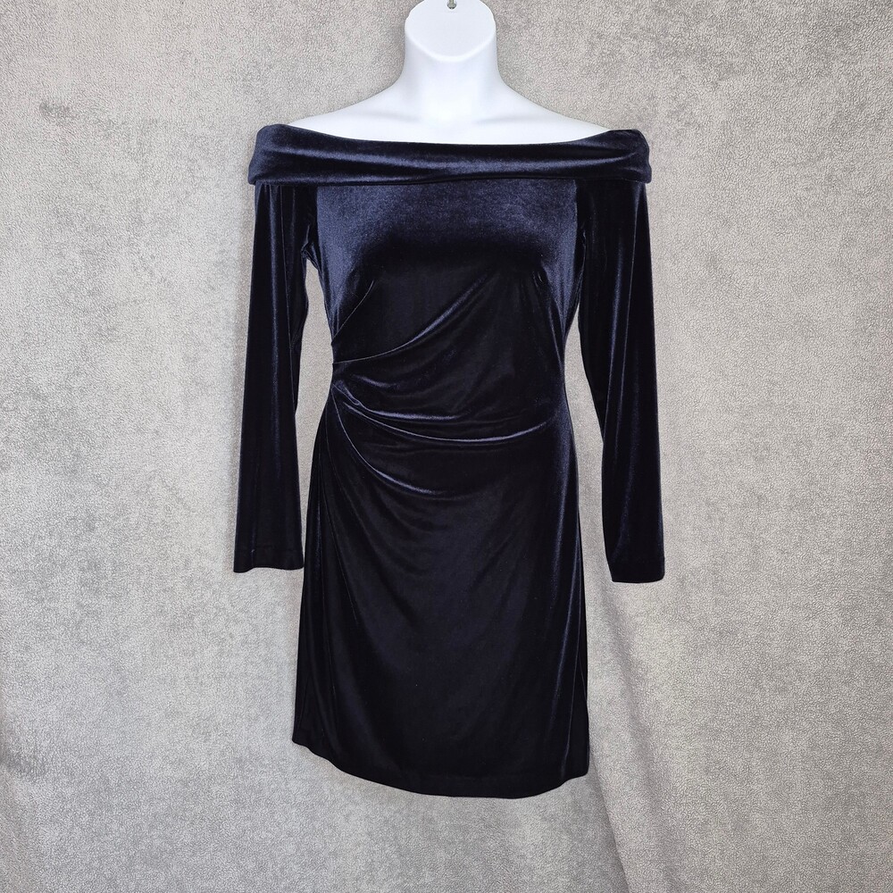 Eliza J Navy Blue Velvet Off Shoulder Long Sleeve Dress Size 12 - Blue / 12